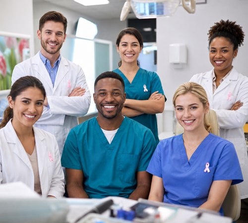 Group of diverse healthcare professionals smiling in a clinical room, wearing scrubs and lab coats.